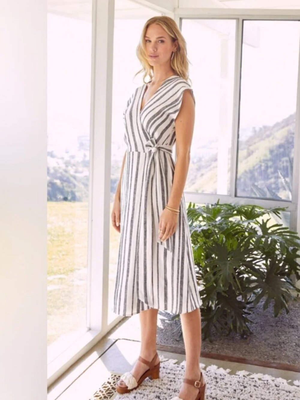 Evereve Clara Linen Blend Black & White Dress L